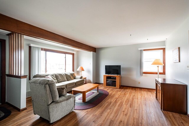 living room with light wood finished floors, plenty of natural light, and baseboards