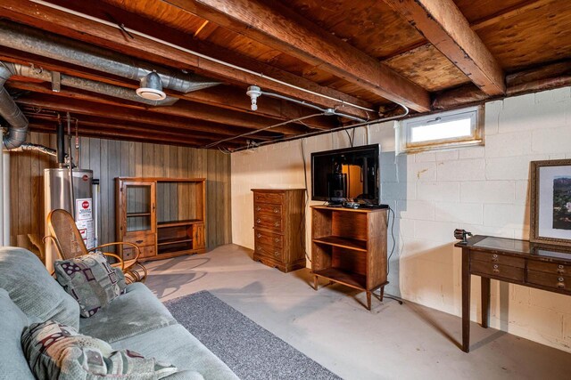 below grade area featuring concrete block wall and gas water heater