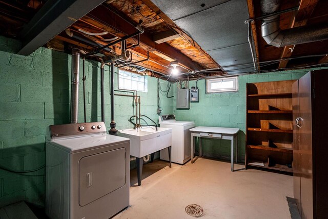 laundry room featuring separate washer and dryer, electric panel, a sink, and laundry area