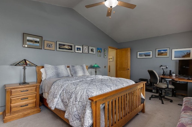 bedroom featuring light colored carpet, ceiling fan, and vaulted ceiling