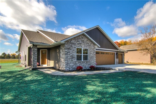 7396 124th, Chippewa Falls, WI 54729 - ranch-style house with an attached garage, driveway, stone siding, and a front lawn