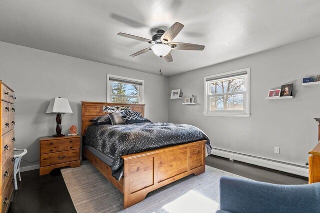 1442 Traeger St, Green Bay, WI 54304 - bedroom featuring baseboards, wood finished floors, baseboard heating, and ceiling fan