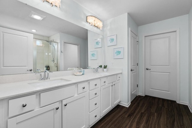 1677 Liatris Dr, Sun Prairie, WI 53590 - bathroom with double vanity, a sink, wood finished floors, and a shower stall