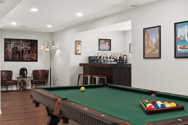 1677 Liatris Dr, Sun Prairie, WI 53590 - game room featuring a bar, recessed lighting, billiards, and wood finished floors