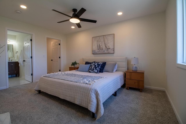 bedroom with baseboards, carpet flooring, and recessed lighting