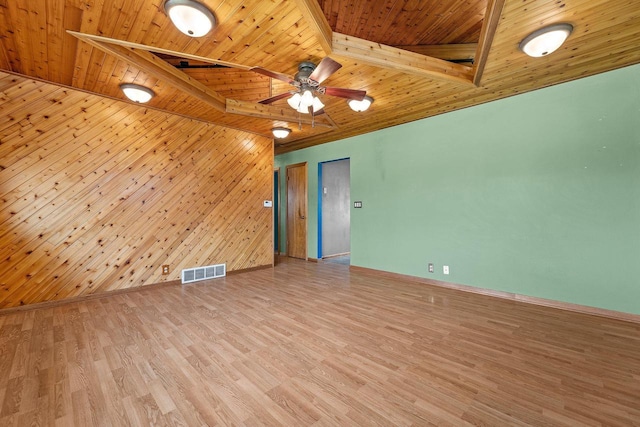 spare room with visible vents, wood ceiling, ceiling fan, and wood finished floors