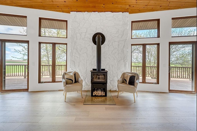 8226 Scott Rd, Cross Plains, WI 53528 - sitting room featuring visible vents, a wood stove, and wooden ceiling