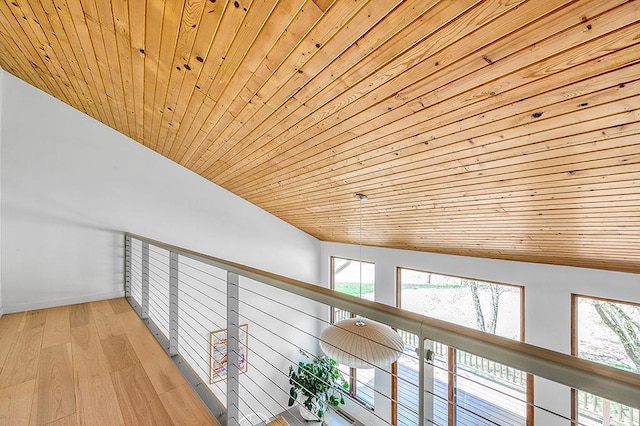 8226 Scott Rd, Cross Plains, WI 53528 - hallway with light wood-style floors, wood ceiling, baseboards, and vaulted ceiling