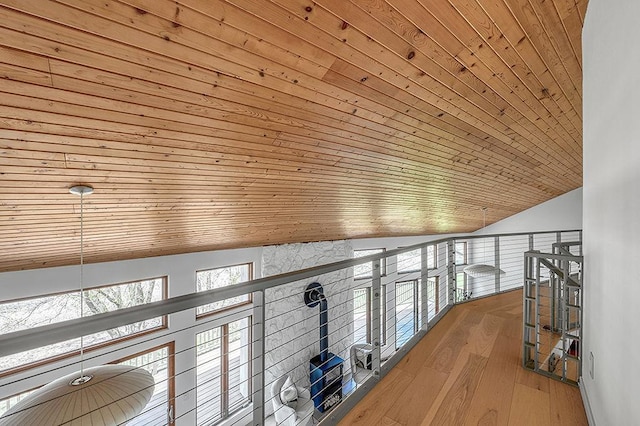 8226 Scott Rd, Cross Plains, WI 53528 - hallway featuring vaulted ceiling, wooden ceiling, and wood finished floors
