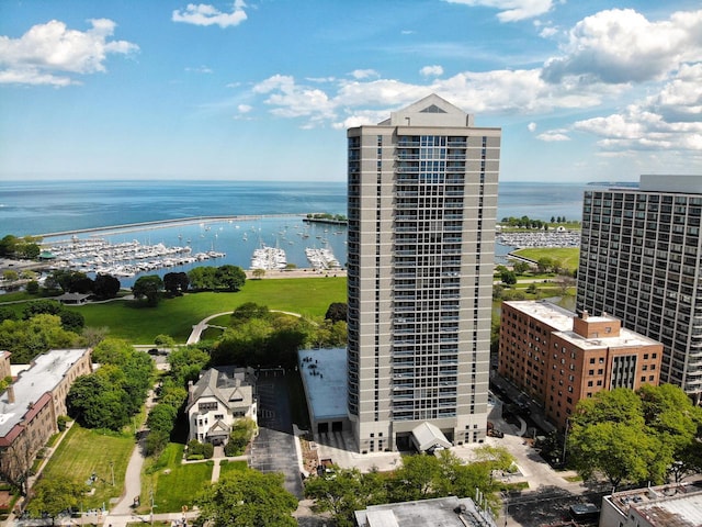 aerial view featuring a water view