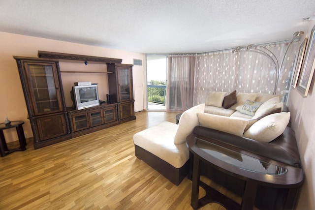 living area featuring a wall of windows, a textured ceiling, and light wood-style floors