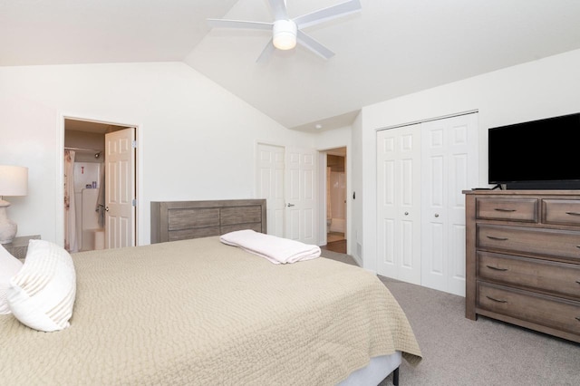 bedroom featuring a ceiling fan, a closet, carpet flooring, and vaulted ceiling