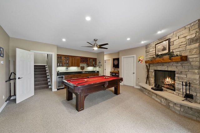 2575 Back Rd, Burlington, WI 53105 - rec room with light colored carpet, billiards, a fireplace, and wine cooler