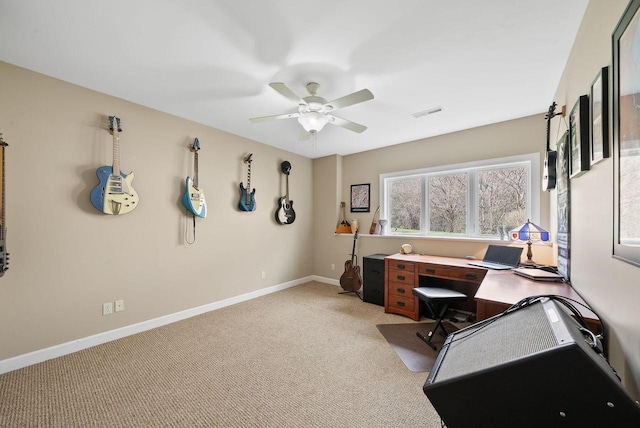 2575 Back Rd, Burlington, WI 53105 - office featuring baseboards, visible vents, a ceiling fan, and light colored carpet