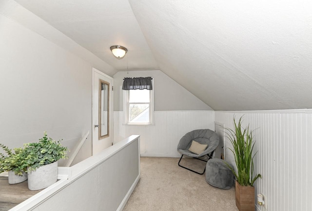 additional living space featuring light carpet, a wainscoted wall, and vaulted ceiling