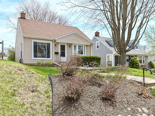 view of front of home featuring a chimney and roof with shingles