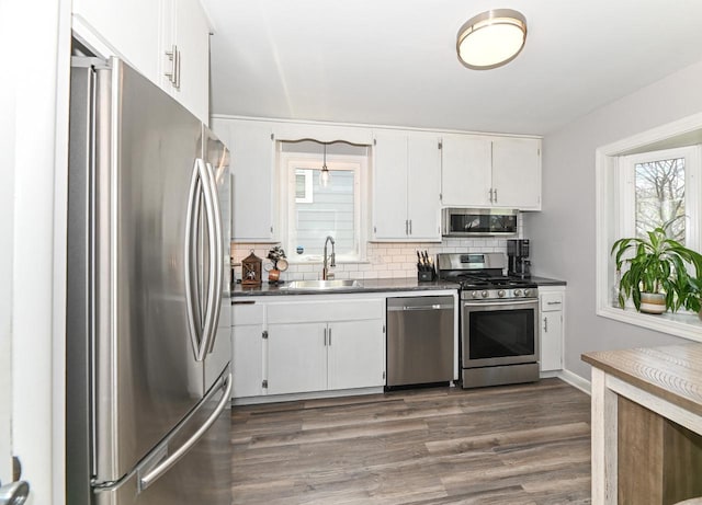 kitchen with white cabinets, a sink, appliances with stainless steel finishes, dark countertops, and backsplash