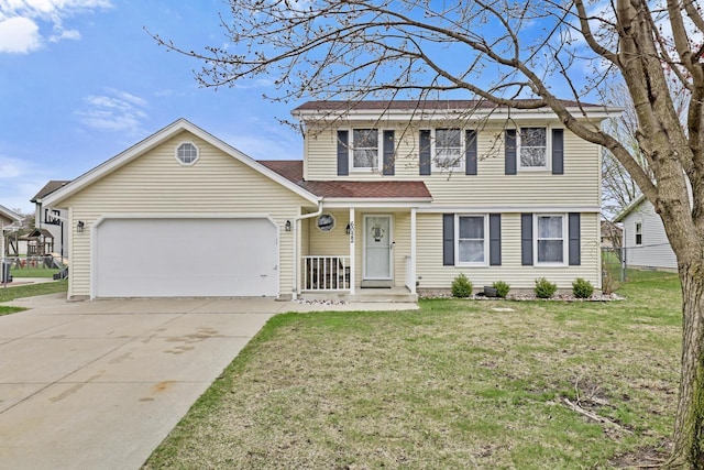 traditional-style house featuring fence, roof with shingles, a front yard, concrete driveway, and an attached garage
