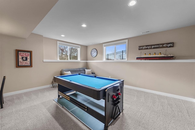 402 Burnt Sienna Dr, Middleton, WI 53562 - rec room featuring baseboards, visible vents, carpet flooring, and recessed lighting