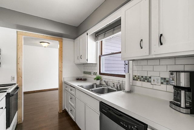kitchen featuring a sink, dishwasher, light countertops, range with electric cooktop, and white cabinetry