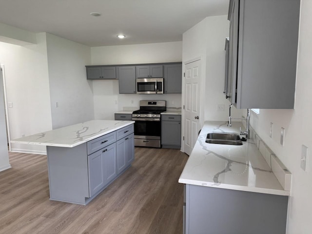 306 Filardo Ct, Mineral Point, WI 53565 - kitchen with light stone countertops, a sink, gray cabinets, appliances with stainless steel finishes, and wood finished floors