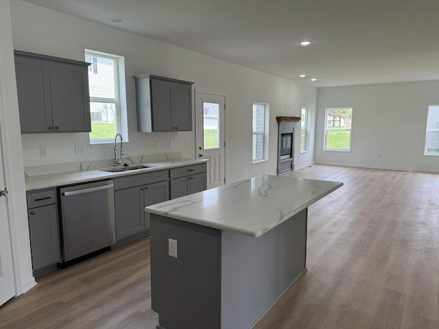 306 Filardo Ct, Mineral Point, WI 53565 - kitchen with stainless steel dishwasher, a sink, gray cabinetry, light wood-type flooring, and open floor plan