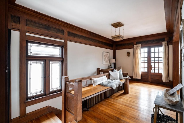 bedroom featuring light wood finished floors and french doors