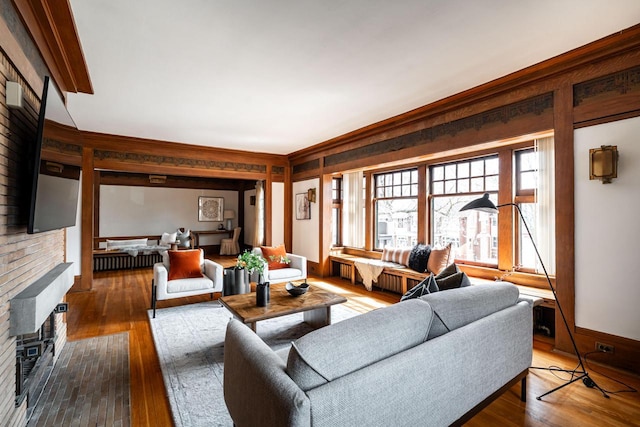 living room with a fireplace and hardwood / wood-style floors