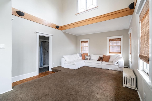 carpeted living area with a high ceiling, crown molding, radiator heating unit, baseboards, and wood finished floors