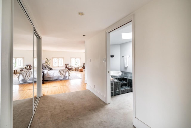 hall featuring baseboards and carpet floors