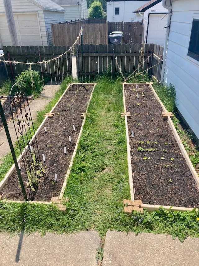 view of yard featuring a garden and a fenced backyard