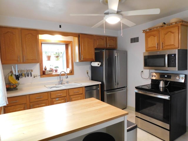 kitchen with appliances with stainless steel finishes, brown cabinets, ceiling fan, a sink, and visible vents