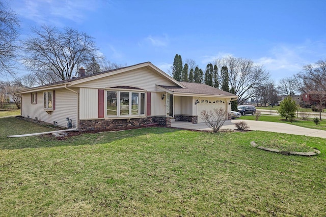 2500 S Brookside Pkwy, New Berlin, WI 53151 - single story home featuring concrete driveway, stone siding, a chimney, a front yard, and a garage