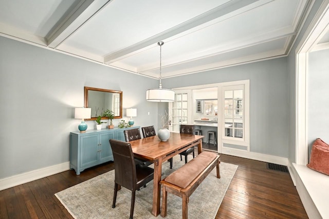 dining space with baseboards, dark wood finished floors, and beam ceiling