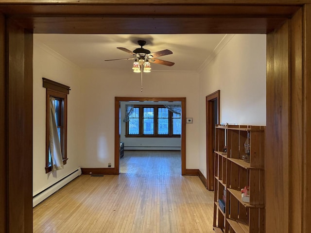2776 S Superior St, Bay View, WI 53207 - hallway with a baseboard radiator, light wood-style floors, ornamental molding, and baseboard heating