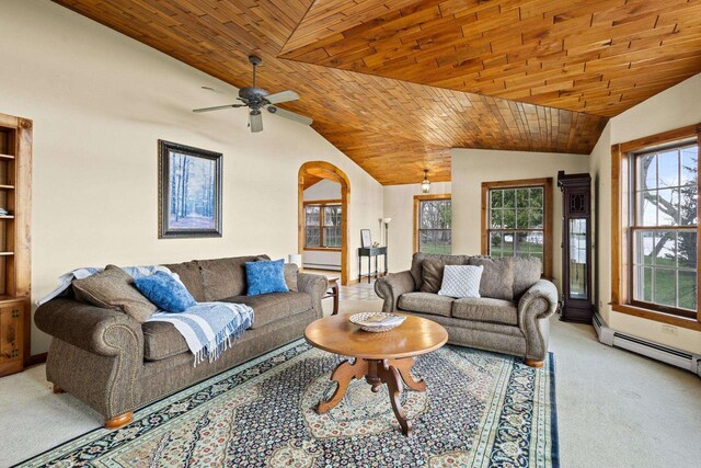 2108 Woodlawn Ln, Appleton, WI 54914 - living room with lofted ceiling, ceiling fan, arched walkways, wooden ceiling, and carpet