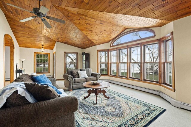 2108 Woodlawn Ln, Appleton, WI 54914 - carpeted living room with wooden ceiling, ceiling fan, vaulted ceiling, and baseboards