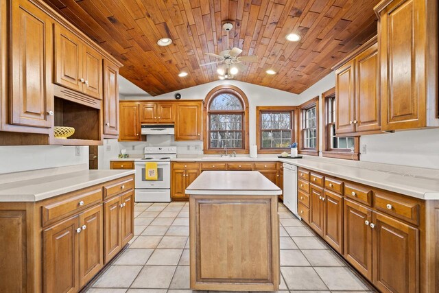 2108 Woodlawn Ln, Appleton, WI 54914 - kitchen with wooden ceiling, white appliances, under cabinet range hood, vaulted ceiling, and a sink