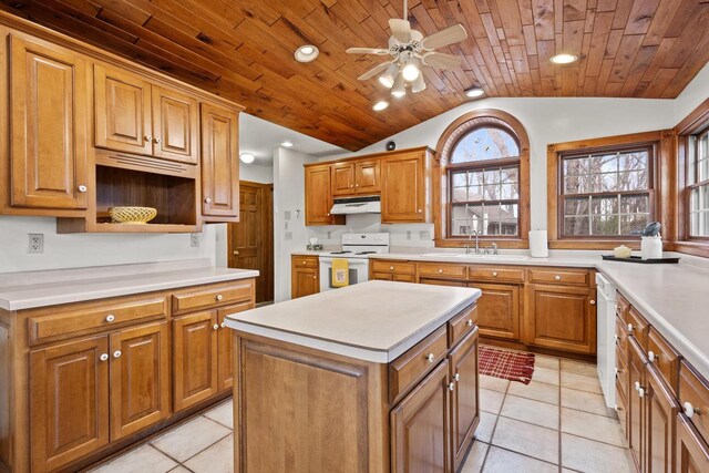 2108 Woodlawn Ln, Appleton, WI 54914 - kitchen featuring white appliances, wood ceiling, under cabinet range hood, a sink, and lofted ceiling