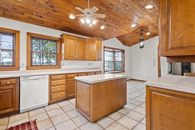 2108 Woodlawn Ln, Appleton, WI 54914 - kitchen featuring wood ceiling, dishwasher, vaulted ceiling, and light countertops