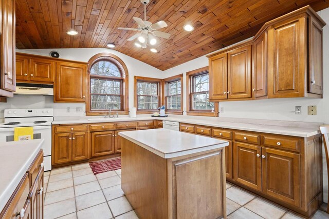2108 Woodlawn Ln, Appleton, WI 54914 - kitchen featuring a sink, under cabinet range hood, a ceiling fan, vaulted ceiling, and white appliances