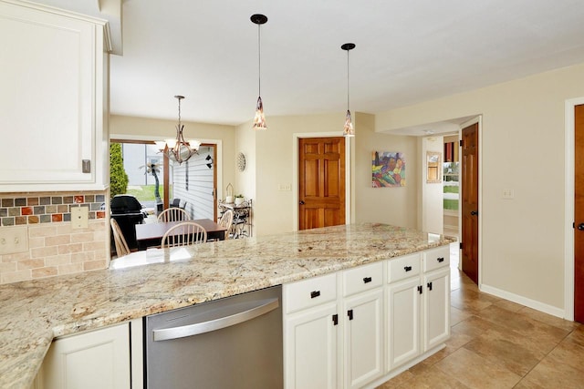 kitchen featuring a chandelier, tasteful backsplash, light stone counters, a peninsula, and dishwasher