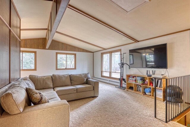 10749 N Namekagon Ln, Hayward, WI 54843 - carpeted living room featuring lofted ceiling with beams and a baseboard radiator