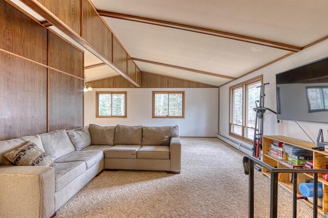 10749 N Namekagon Ln, Hayward, WI 54843 - living room with baseboard heating, vaulted ceiling with beams, a wealth of natural light, and carpet