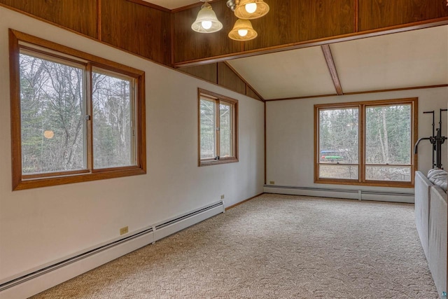 10749 N Namekagon Ln, Hayward, WI 54843 - carpeted spare room with vaulted ceiling, a notable chandelier, and baseboard heating