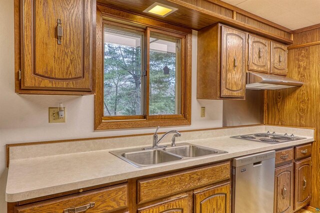 10749 N Namekagon Ln, Hayward, WI 54843 - kitchen with brown cabinetry, light countertops, stainless steel appliances, and under cabinet range hood