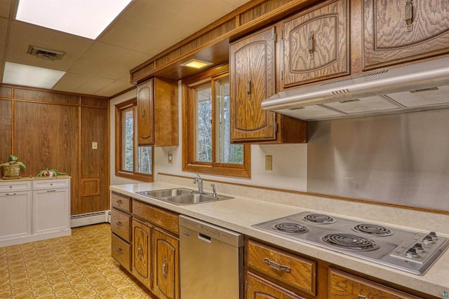 10749 N Namekagon Ln, Hayward, WI 54843 - kitchen featuring under cabinet range hood, a baseboard heating unit, appliances with stainless steel finishes, and light countertops