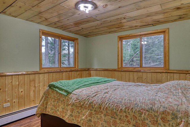 10749 N Namekagon Ln, Hayward, WI 54843 - bedroom with a baseboard radiator, a wainscoted wall, multiple windows, and wooden ceiling