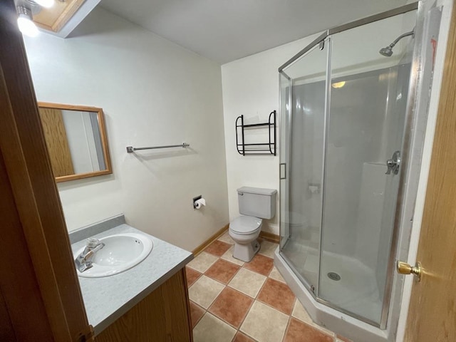 full bath featuring tile patterned floors, a shower stall, toilet, and vanity