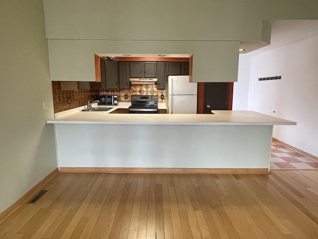 kitchen featuring freestanding refrigerator, hardwood / wood-style floors, under cabinet range hood, stainless steel electric range, and a sink